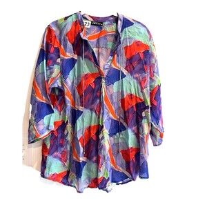 APNY Watercolor 3/4 Sleeve V-Neck Top XL Tunic Blouse Colorful Womens Office